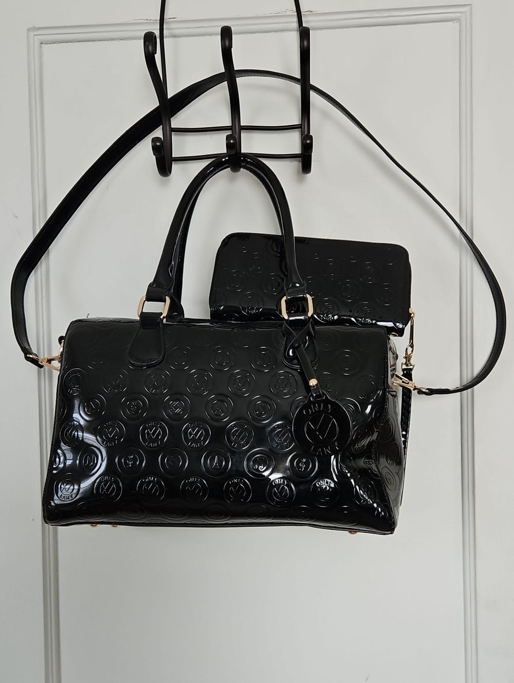 LANY Black Patent Large Satchel Handbag and Matching Wallet/ Wristlet